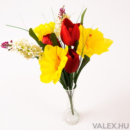9 ágú selyemvirág tulipán/nárcisz/orgona csokor - Piros