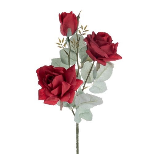 Selyemvirág rózsa ág 3 fejjel, 64.5cm magas - Piros