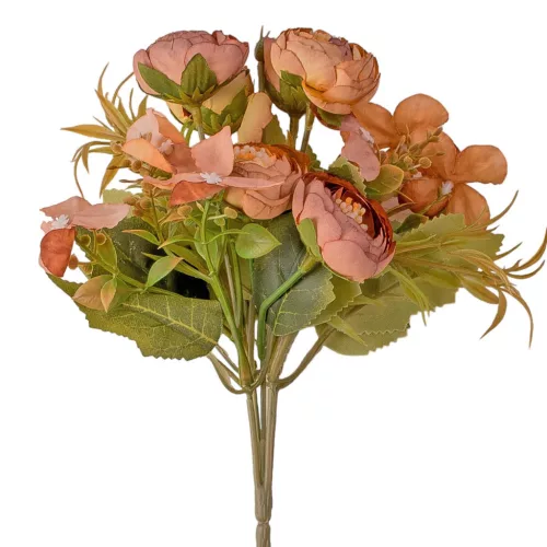 Five-stemmed hydrangea and tea rose silk flower bouquet, 25cm tall - Yellowish mallow