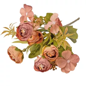   Five-stemmed hydrangea and tea rose silk flower bouquet, 25cm tall - Yellowish mallow