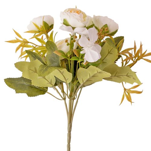 Five-stemmed hydrangea and tea rose silk flower bouquet, 25cm tall - White