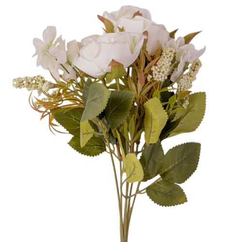 6 ágú rózsa selyemvirág csokor, 30cm magas - Fehér