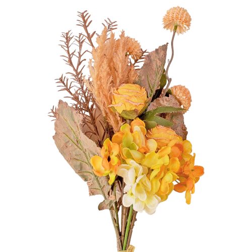 Rose, hydrangea, dandelion, rosemary, pampas grass combination - 42cm tall artificial flower bouque, yellow arrangement