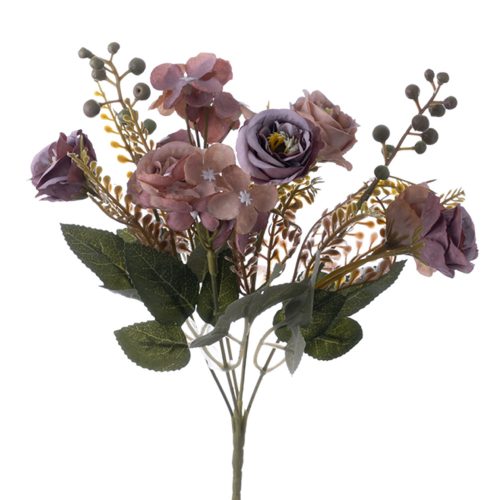 Rose Hydrangea Silk Flower Bouquet, 30cm Tall - Purple