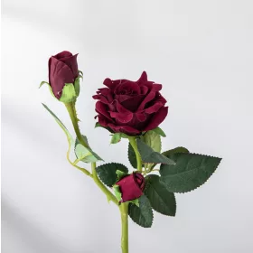 Bársonyos selyemvirág rózsa ág, magasság: 36cm - Bordó