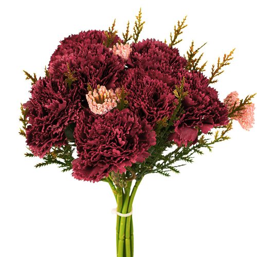 Carnation Silk Flower Bouquet, Height: 32cm, Bouquet Diameter: 15cm, Carnation Head Diameter: 6cm, 7 Stems - Burgundy