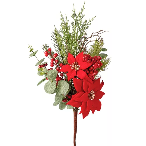 Karácsonyi mikulásvirág csokor bogyókkal és levelekkel, 42cm magas - Piros