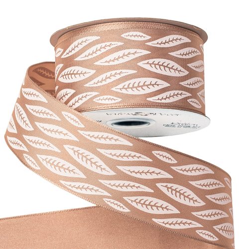 Premium satin ribbon, with a leaf pattern, with wired edge 38mm x 6.4m - Brown