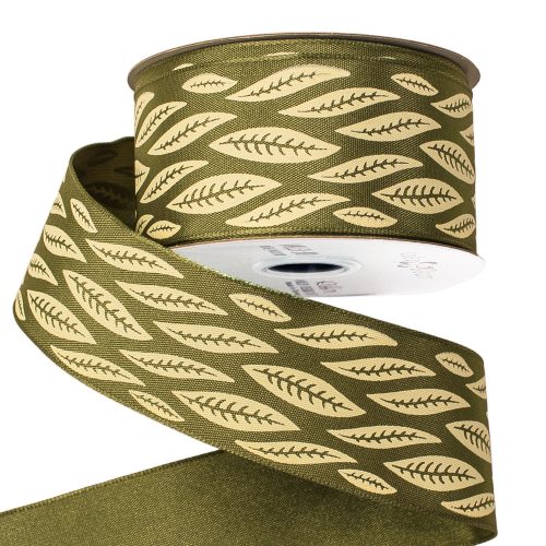 Premium satin ribbon, with a leaf pattern, with wired edge 38mm x 6.4m - Green