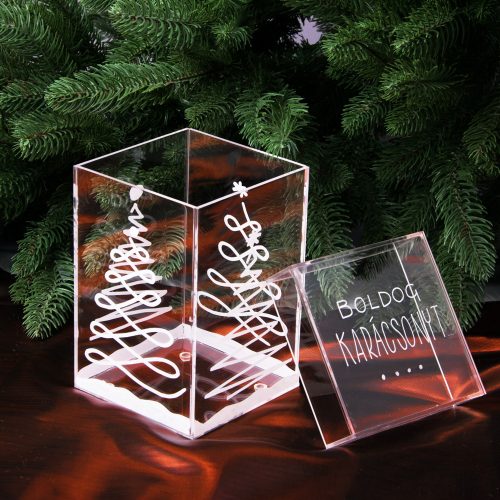 Karácsonyi akril sütis doboz / dekor doboz 10 x 10 x 15cm - Fenyőfás