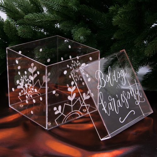 Karácsonyi akril sütis doboz / dekor doboz 15 x 15 x 15cm - Hópihés