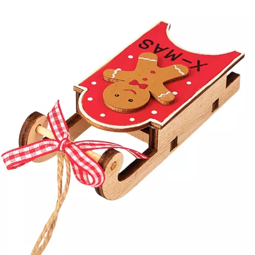 Gingerbread Sled Decoration, Wood, 10.5 x 4.5 x 2.6cm - Red