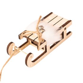 Szőrmés szánkó dekoráció, fa, 12.5 x 5 x 4cm - Fehér