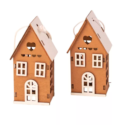 3D fa házikó szett, 4 x 3 x 7.5cm, kreatív felhasználásra vagy karácsonyfára - Barna