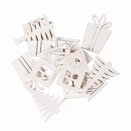 Christmas Decoration Set, Mixed Wooden Ornaments, 3 x 4cm, 12 pcs - White