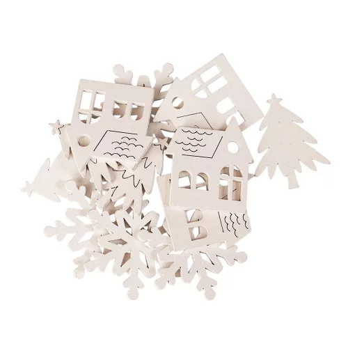 Christmas Decoration Set, Mixed Wooden Ornaments, 3.5 - 4.5cm, 12 pcs - White