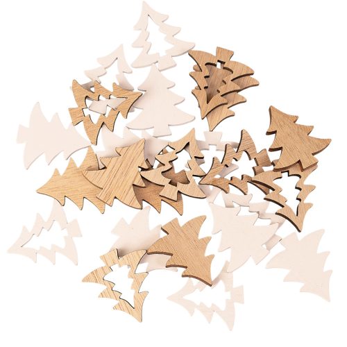 Karácsonyi dekorációs szett, fa fenyőfák, 3 x 3,5 cm, 24db. - Natúr/fehér mix