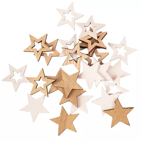 Christmas Decoration Set, Wooden Stars, 3.5cm, 24 pcs - Natural/White Mix