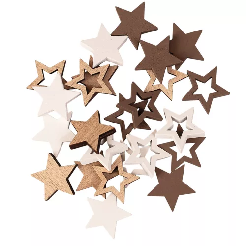Christmas Decoration Set, Wooden Stars, 2.5cm, 24 pcs - Brown/White Mix
