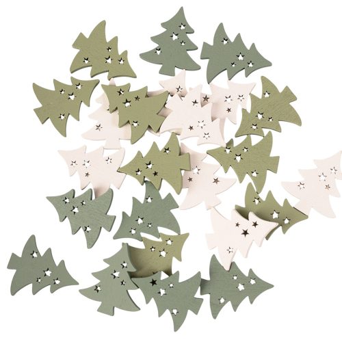 Karácsonyi dekorációs szett, fa fenyőfák, 3,5 x 3cm, 24db. - Zöld/fehér mix