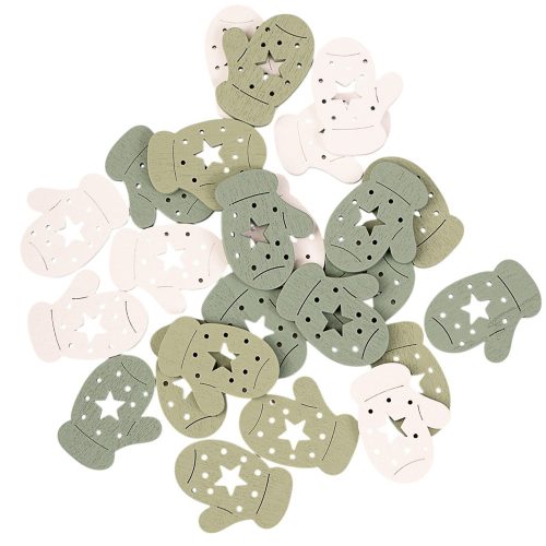 Karácsonyi dekorációs szett,  fa kesztyűk, 3,5 x 3cm, 24db. - Zöld/fehér mix