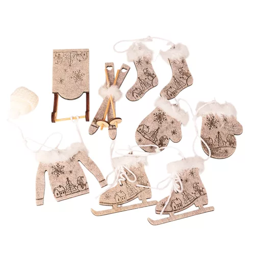 Christmas Decoration Set, 6-10cm, Hanging, Felted Wood - Grey