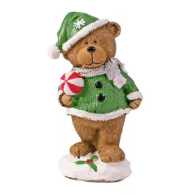   Karácsonyi polirezin zöld ruhás maci figura 5.6 x 5 x 12.6cm