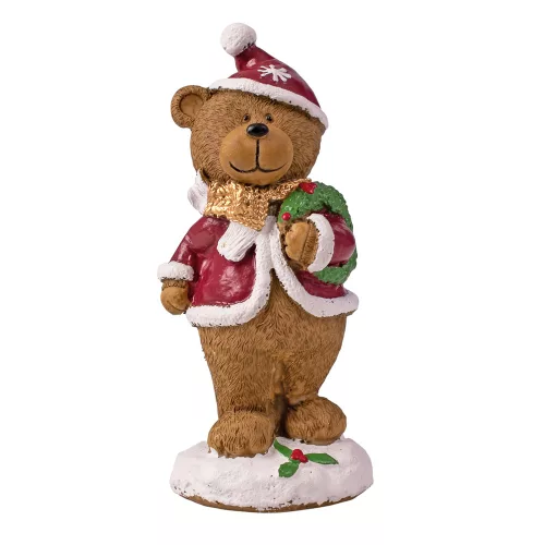 Karácsonyi polirezin piros ruhás maci figura 5.6 x 5 x 12.6cm