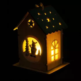   Akasztós világító faház dekoráció 10.2 x 8 x 6.5cm - Zöld/natúr