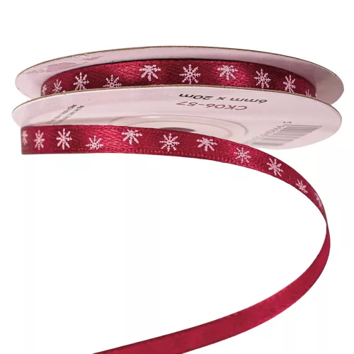 Satin ribbon with snowflake pattern 6mm x 20m – Burgundy