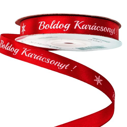 Satin ribbon with "Boldog Karácsonyt!" inscription 12mm x 20m - Red