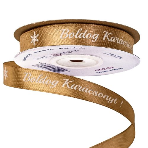 Satin ribbon with "Boldog Karácsonyt!" inscription 12mm x 20m - Gold brown