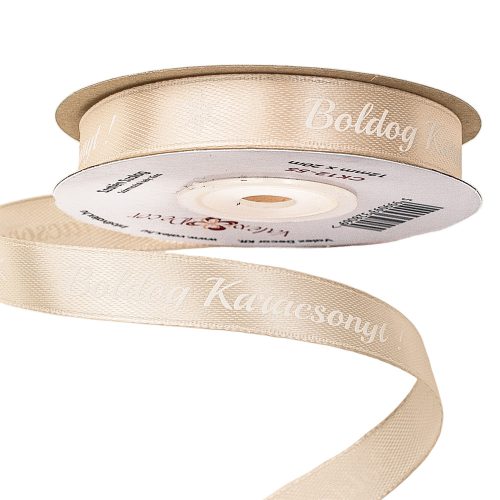 Satin ribbon with "Boldog Karácsonyt!" inscription 12mm x 20m - Champagne