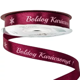   "Boldog Karácsonyt!" feliratos szatén szalag 12mm x 20m - Burgundi
