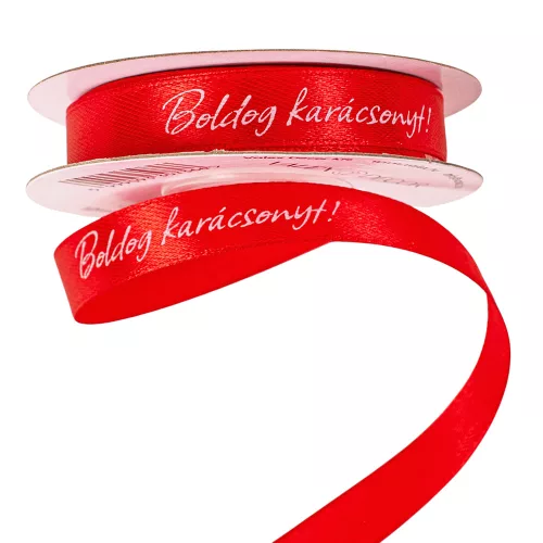 "Boldog Karácsonyt!" feliratos szatén szalag 12mm x 20m - Piros