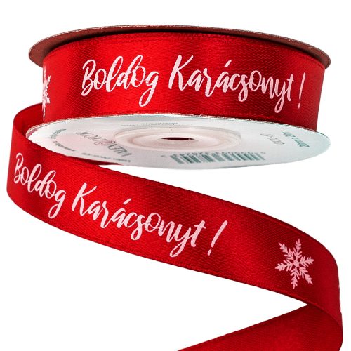 Satin ribbon with "Boldog Karácsonyt!" inscription 20mm x 20m - Red