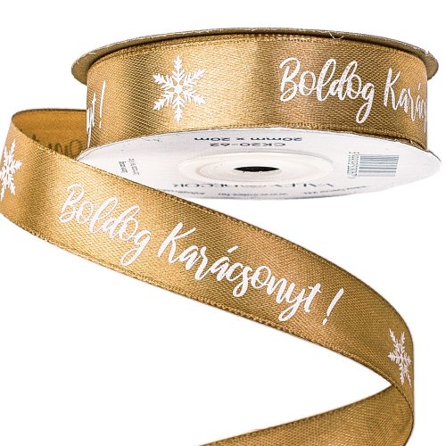 Satin ribbon with "Boldog Karácsonyt!" inscription 20mm x 20m - Gold brown