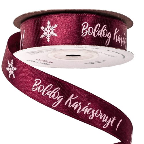 Satin ribbon with "Boldog Karácsonyt!" inscription 20mm x 20m - Burgundy