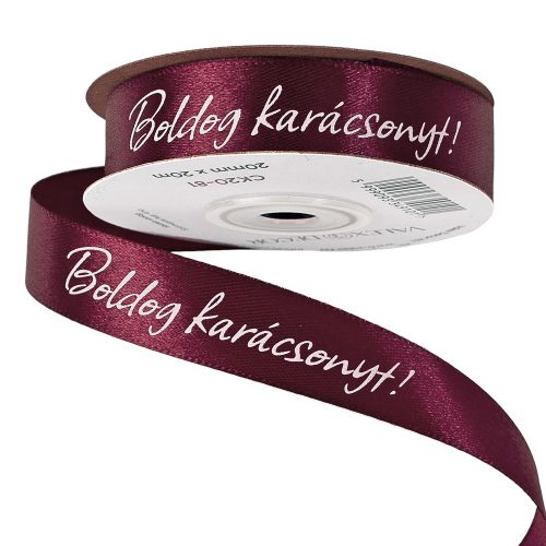 "Boldog Karácsonyt!" feliratos szatén szalag 20mm x 20m - Wine red