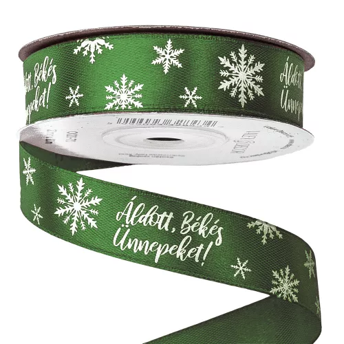 "Áldott, Békés, Ünnepeket!" feliratos szatén szalag 20mm x 20m - Sötétzöld