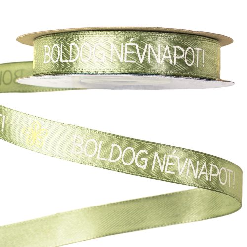 "Boldog Névnapot!" inscription satin ribbon 12mm x 20m - Vintage green