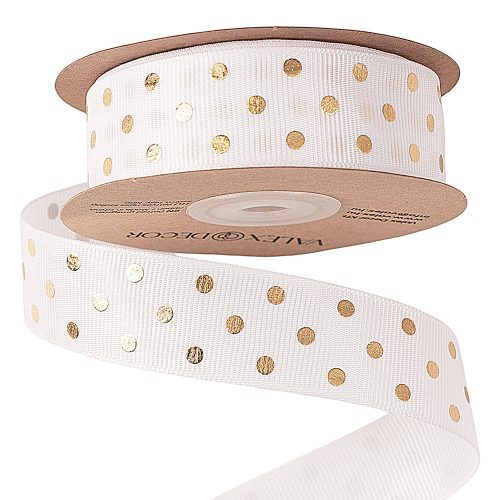 Gold dotted grosgrain ribbon 25mm x 20m - White