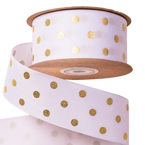 Gold dotted grosgrain ribbon 38mm x 20m - White