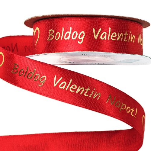 "Boldog Valentin napot!" gold inscription satin ribbon 20mm x 20m - Red
