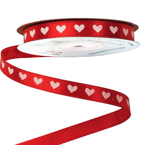 Heart pattern satin ribbon 10mm x 20m - Red