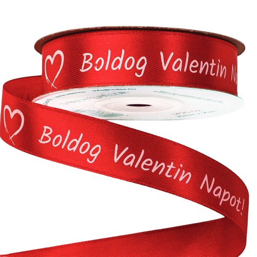 "Boldog Valentin napot!" white inscription satin ribbon 20mm x 20m - Red