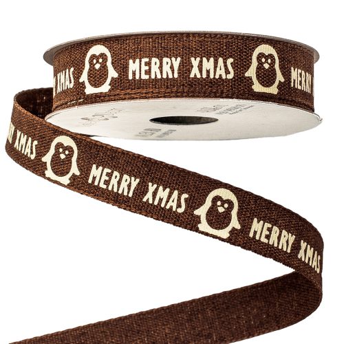 "Merry Xmas" Christmas ribbon with penguin 16mm x 6.4m - Brown