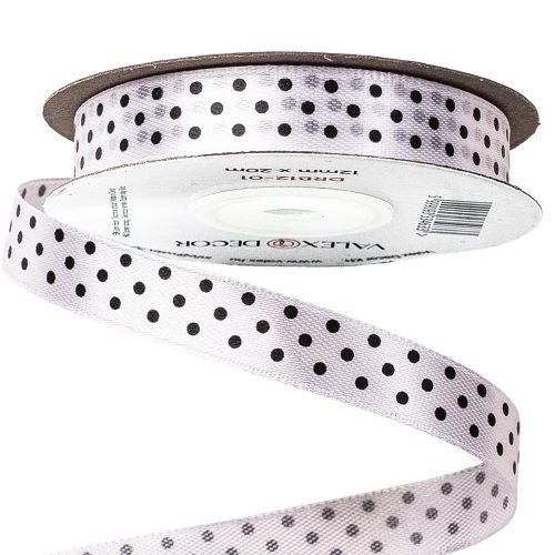 Black dotted satin ribbon 12mm x 20m - White