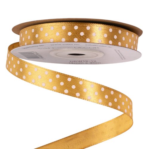 Fehér pöttyös szatén szalag 12mm x 20m - Arany