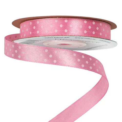 Fehér pöttyös szatén szalag 12mm x 20m - Rózsaszín